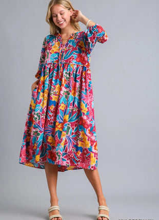 Umgee Full Size Floral Print Tie Neck Midi Dress with Pockets Plus Size - MimiStylez
