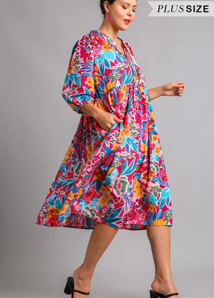 Umgee Full Size Floral Print Tie Neck Midi Dress with Pockets Plus Size - MimiStylez