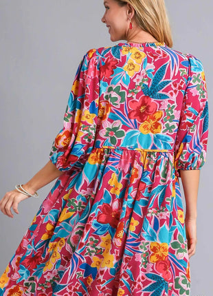 Umgee Full Size Floral Print Tie Neck Midi Dress with Pockets Plus Size - MimiStylez