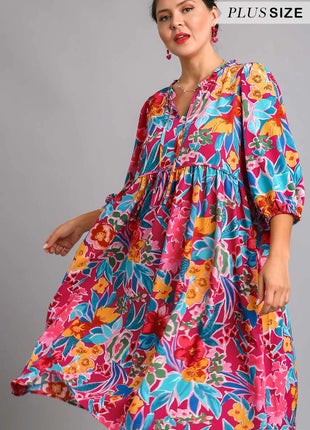 Umgee Full Size Floral Print Tie Neck Midi Dress with Pockets Plus Size - MimiStylez