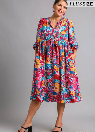 Umgee Full Size Floral Print Tie Neck Midi Dress with Pockets Plus Size - MimiStylez