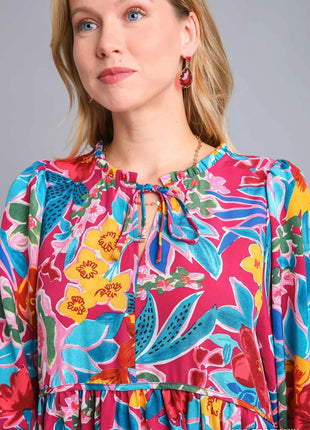 Umgee Full Size Floral Print Tie Neck Midi Dress with Pockets Plus Size - MimiStylez