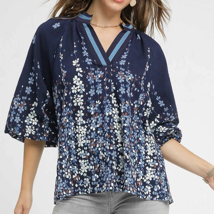 Umgee Full Size Floral Vine Print Blouse with Balloon Sleeves Plus Size - MimiStylez