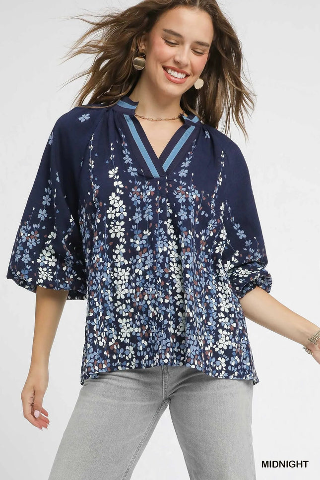 Umgee Full Size Floral Vine Print Blouse with Balloon Sleeves Plus Size - MimiStylez