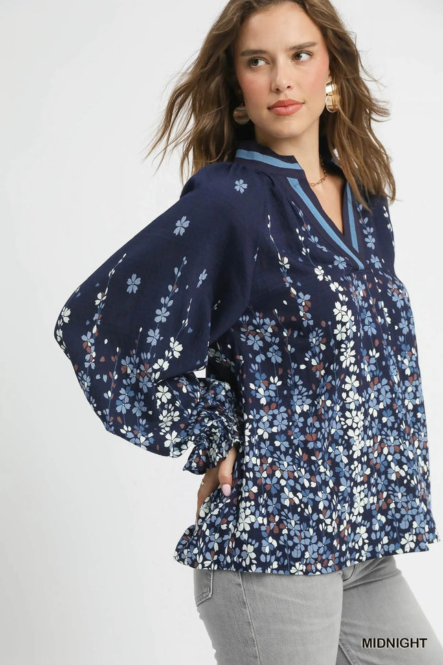 Umgee Full Size Floral Vine Print Blouse with Balloon Sleeves Plus Size - MimiStylez