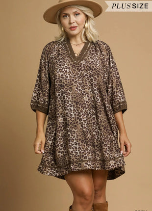 Umgee Full Size Leopard Print Mini Dress with Contrast Trim Plus Size - MimiStylez