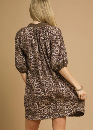 Umgee Full Size Leopard Print Mini Dress with Contrast Trim Plus Size - MimiStylez