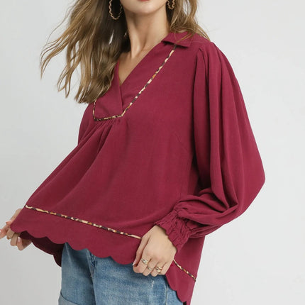 Umgee Full Size Linen Scallop Hem Blouse with Contrast Trim Plus Size - MimiStylez