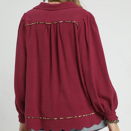 Umgee Full Size Linen Scallop Hem Blouse with Contrast Trim Plus Size - MimiStylez