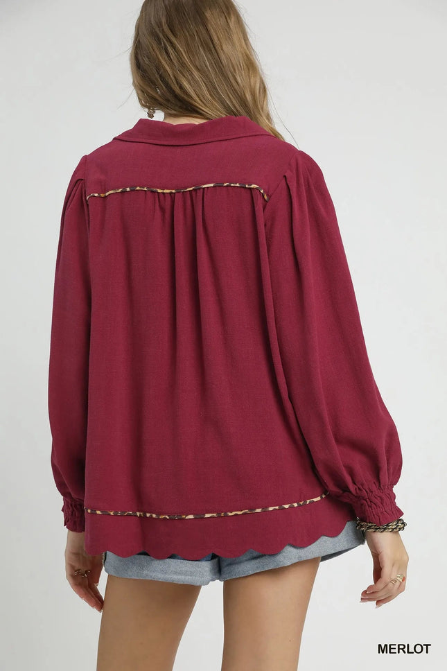 Umgee Full Size Linen Scallop Hem Blouse with Contrast Trim Plus Size - MimiStylez