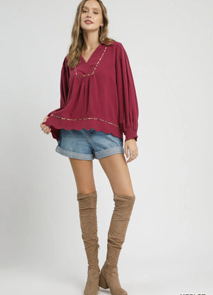 Umgee Full Size Linen Scallop Hem Blouse with Contrast Trim Plus Size - MimiStylez