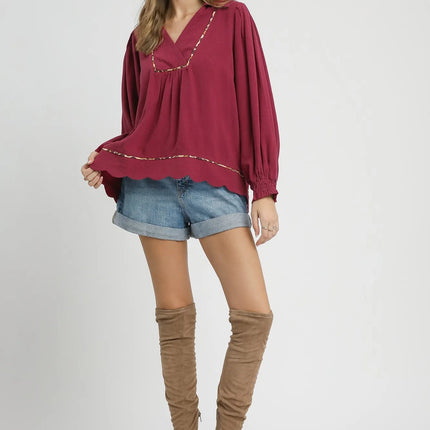 Umgee Full Size Linen Scallop Hem Blouse with Contrast Trim Plus Size - MimiStylez
