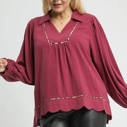 Umgee Full Size Linen Scallop Hem Blouse with Contrast Trim Plus Size - MimiStylez