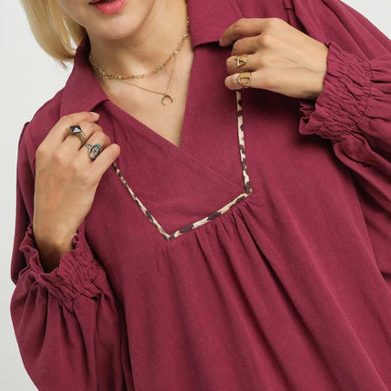 Umgee Full Size Linen Scallop Hem Blouse with Contrast Trim Plus Size - MimiStylez