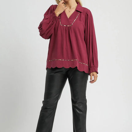 Umgee Full Size Linen Scallop Hem Blouse with Contrast Trim Plus Size - MimiStylez