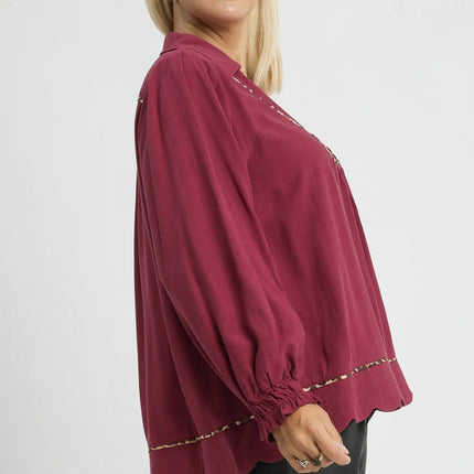 Umgee Full Size Linen Scallop Hem Blouse with Contrast Trim Plus Size - MimiStylez