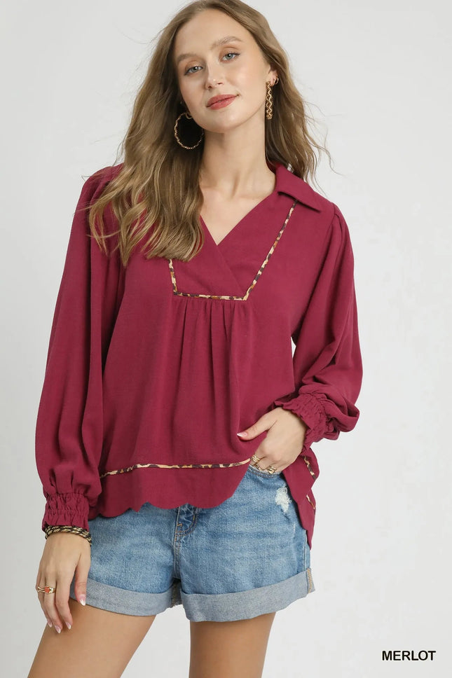 Umgee Full Size Linen Scallop Hem Blouse with Contrast Trim Plus Size - MimiStylez