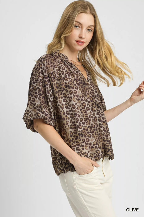 Umgee Leopard Bubble Sleeve Scalloped Hem Blouse - MimiStylez