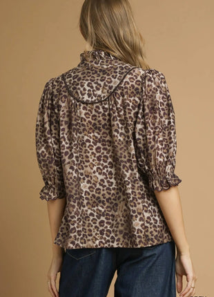 Umgee Leopard Print Ruffle Neck Blouse - MimiStylez