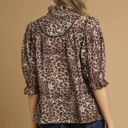 Umgee Leopard Print Ruffle Neck Blouse - MimiStylez
