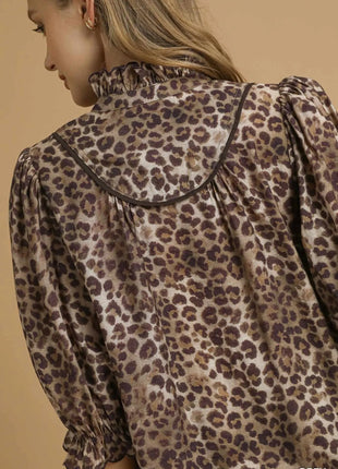 Umgee Leopard Print Ruffle Neck Blouse - MimiStylez