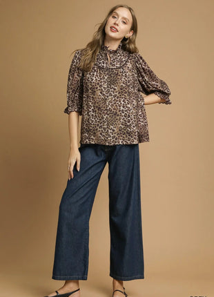 Umgee Leopard Print Ruffle Neck Blouse - MimiStylez