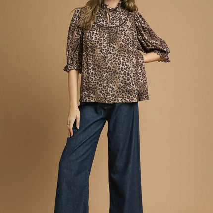 Umgee Leopard Print Ruffle Neck Blouse - MimiStylez