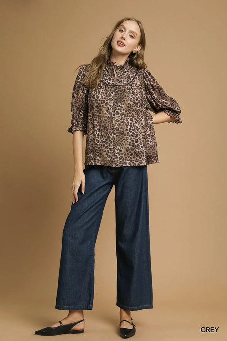 Umgee Leopard Print Ruffle Neck Blouse - MimiStylez