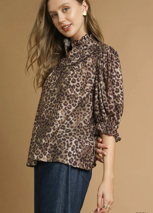 Umgee Leopard Print Ruffle Neck Blouse - MimiStylez