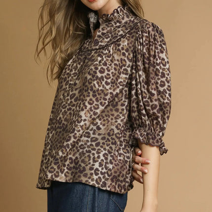 Umgee Leopard Print Ruffle Neck Blouse - MimiStylez