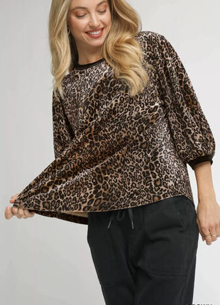 Umgee Leopard Round Neck Three - Quarter Sleeve Blouse - MimiStylez