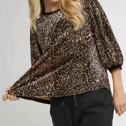 Umgee Leopard Round Neck Three - Quarter Sleeve Blouse - MimiStylez