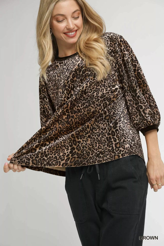 Umgee Leopard Round Neck Three - Quarter Sleeve Blouse - MimiStylez