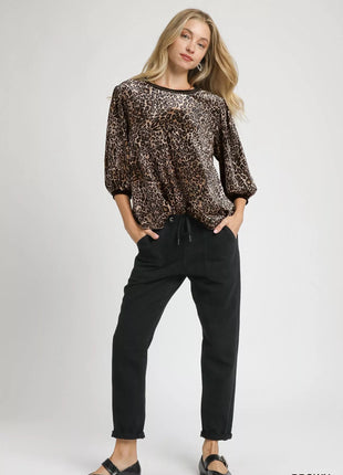 Umgee Leopard Round Neck Three - Quarter Sleeve Blouse - MimiStylez