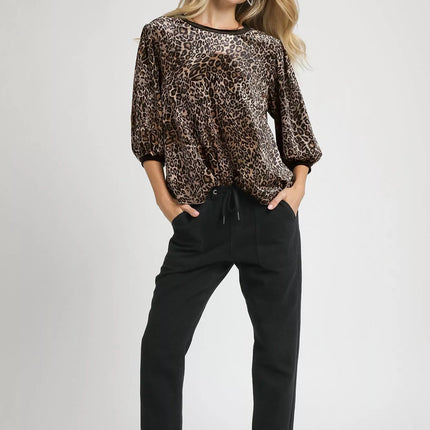 Umgee Leopard Round Neck Three - Quarter Sleeve Blouse - MimiStylez