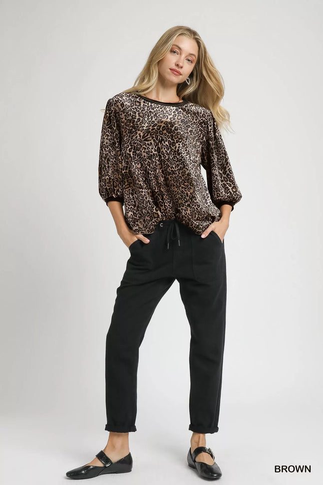 Umgee Leopard Round Neck Three - Quarter Sleeve Blouse - MimiStylez