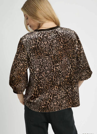 Umgee Leopard Round Neck Three - Quarter Sleeve Blouse - MimiStylez