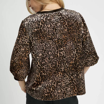 Umgee Leopard Round Neck Three - Quarter Sleeve Blouse - MimiStylez