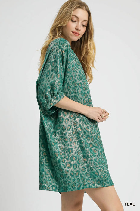 Umgee Metallic Leopard Print V-Neck Kimono Dress MimiStylez Umgee Metallic Leopard Print V-Neck Kimono Dress MimiStylez