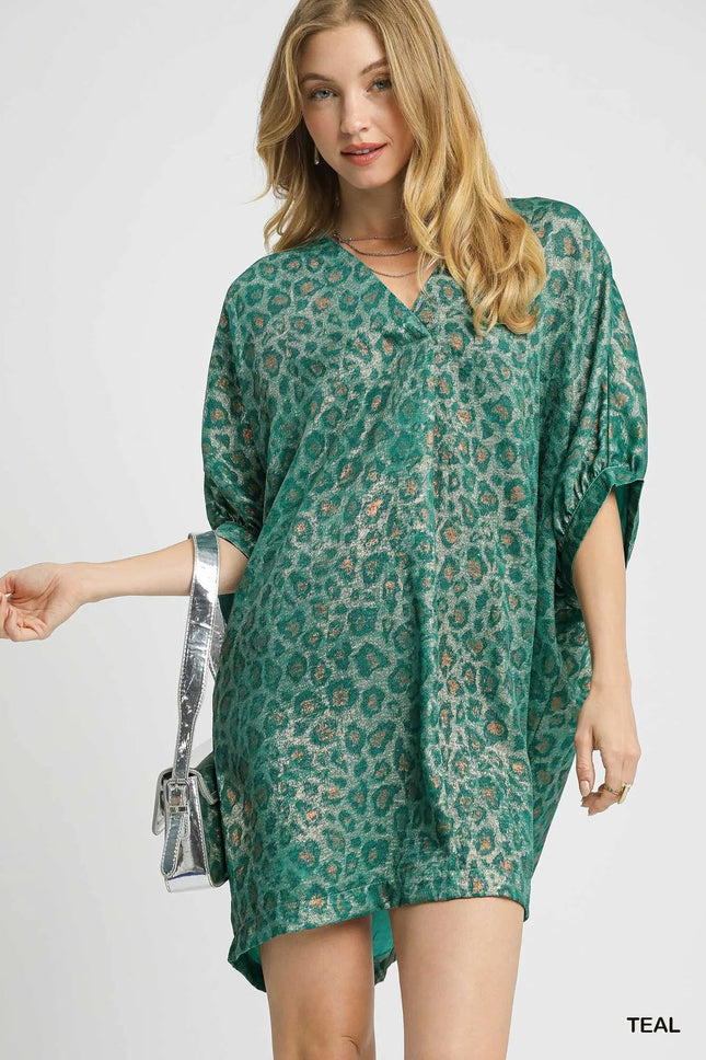 Umgee Metallic Leopard Print V - Neck Kimono Dress - MimiStylez