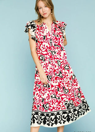 Umgee Printed Ruffled Cap Sleeve Midi Dress - MimiStylez