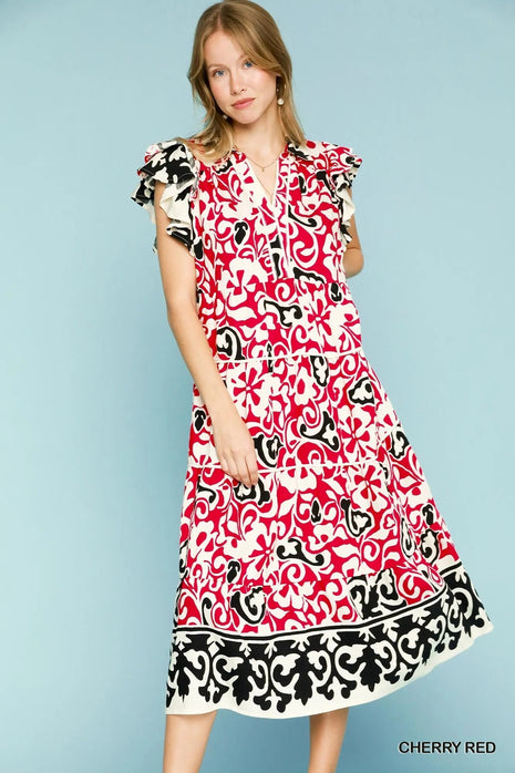 Umgee Printed Ruffled Cap Sleeve Midi Dress - MimiStylez