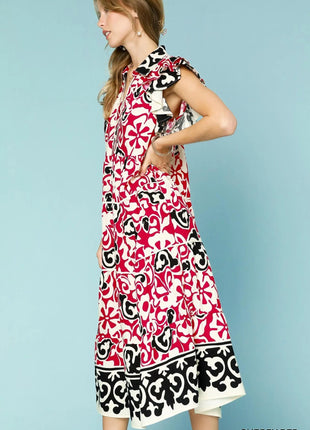 Umgee Printed Ruffled Cap Sleeve Midi Dress - MimiStylez