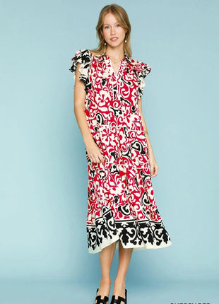 Umgee Printed Ruffled Cap Sleeve Midi Dress - MimiStylez
