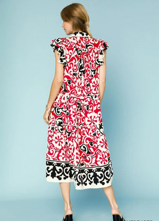 Umgee Printed Ruffled Cap Sleeve Midi Dress - MimiStylez