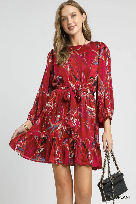 Umgee Ruffled Hem Printed Balloon Sleeve Dress - MimiStylez