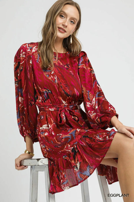 Umgee Ruffled Hem Printed Balloon Sleeve Dress - MimiStylez