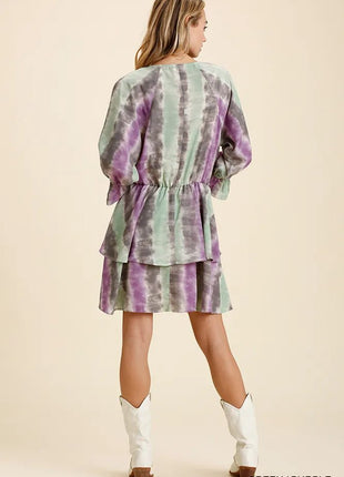 Umgee Tie Dye Ruffled Layered Dress with Elastic Waistband - MimiStylez