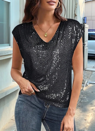 V - Neck Sequin Cap Sleeve Top - MimiStylez