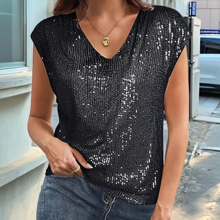 V - Neck Sequin Cap Sleeve Top - MimiStylez